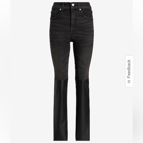 EXPRESS | Super High Waisted Faux Leather Paneled '90s Slim Jeans - Picture 1 of 9